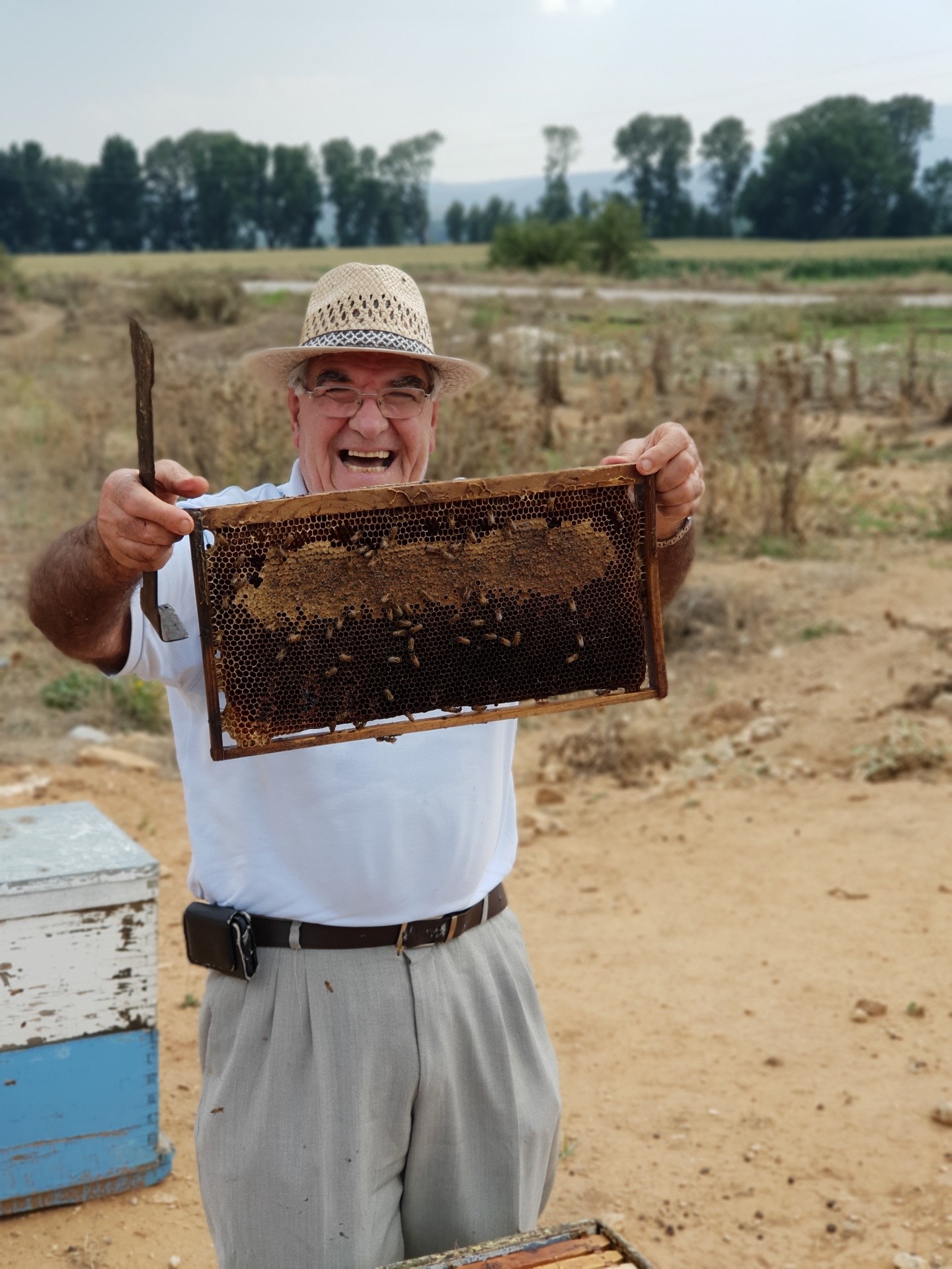 Uncle Panagiotis holds a honeycomb frame covered with bees, wearing a straw hat, in an open field.